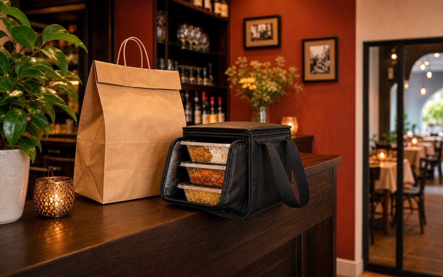 Fertig gepackte Lieferung: Warmhaltetasche mit frischen Gerichten und Papiertüte zum Mitnehmen auf dem Tresen des Restaurant Santa Lucia