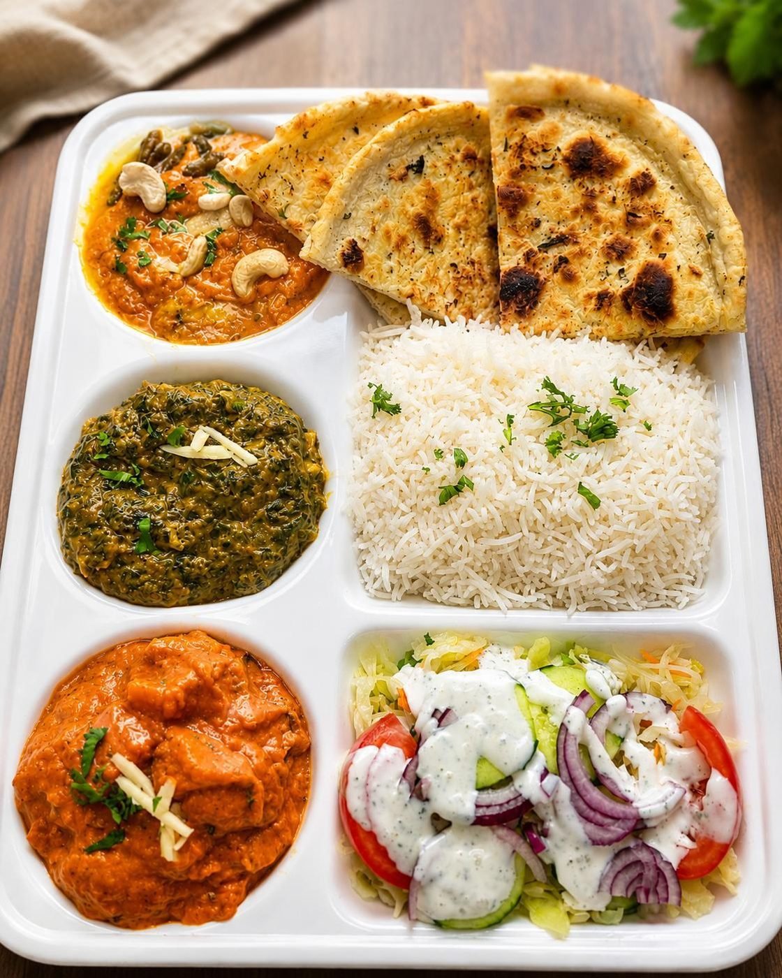 Indischer Thali-Teller mit mehreren Currys, Reis, Naan und Salat
