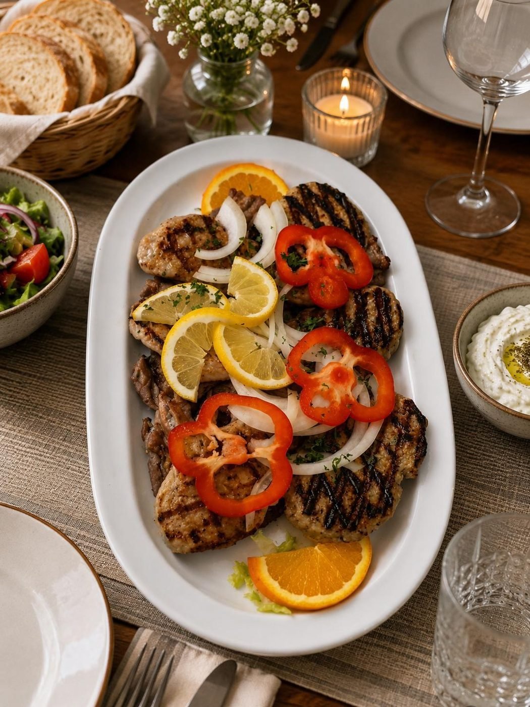 Gemischte Grillplatte mit Suflaki, Paprika, Zitrone und Tzatziki