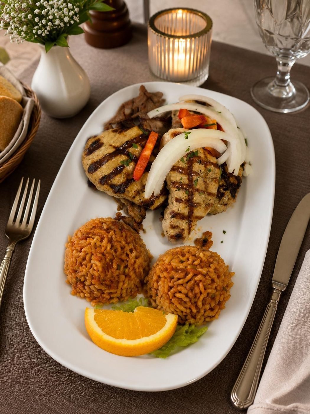 Gegrilltes Hähnchen und Gyros mit Tomatenreis
